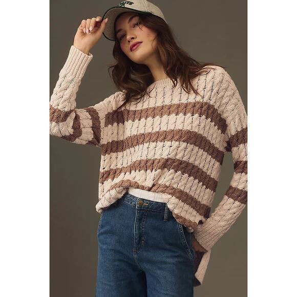 Pilcro by Anthropologie Longline Stitch Sweater M Ivory Beige Stripe Cable Knit - Picture 1 of 10